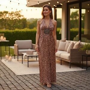 Sky Dress, Heart Pattern Metal Embellished Halter Maxi Dress, XS, NWT